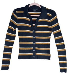 Sanctuary‎ Cardigan Sweater Womens XS Black Tan Striped Ribbed Button Collared